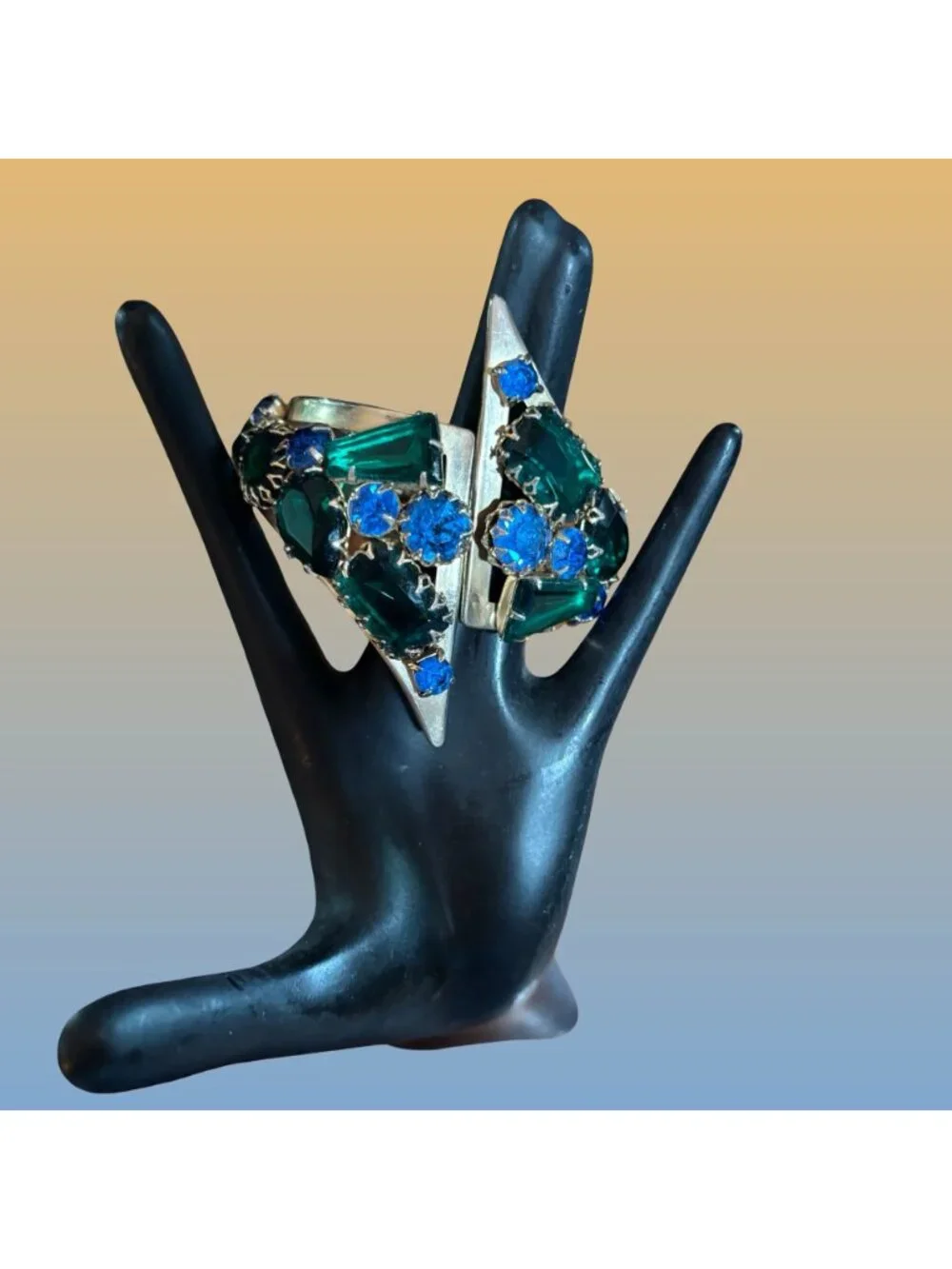 Gold Tone Hinged Bangle Green Blue Rhinestone Art Deco Statement Bracelet Vintag